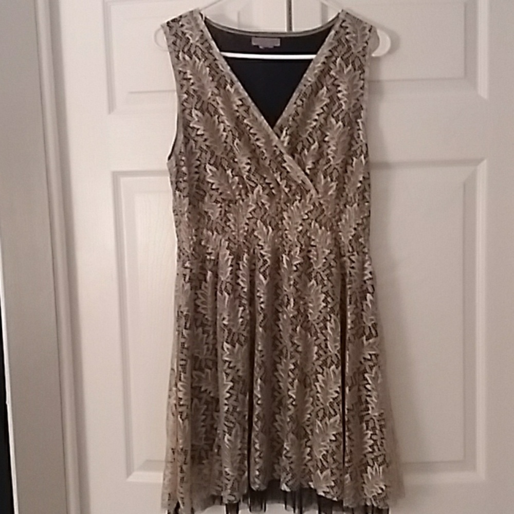 Ultra Pink Beige and Black Dress. Chiffon hem